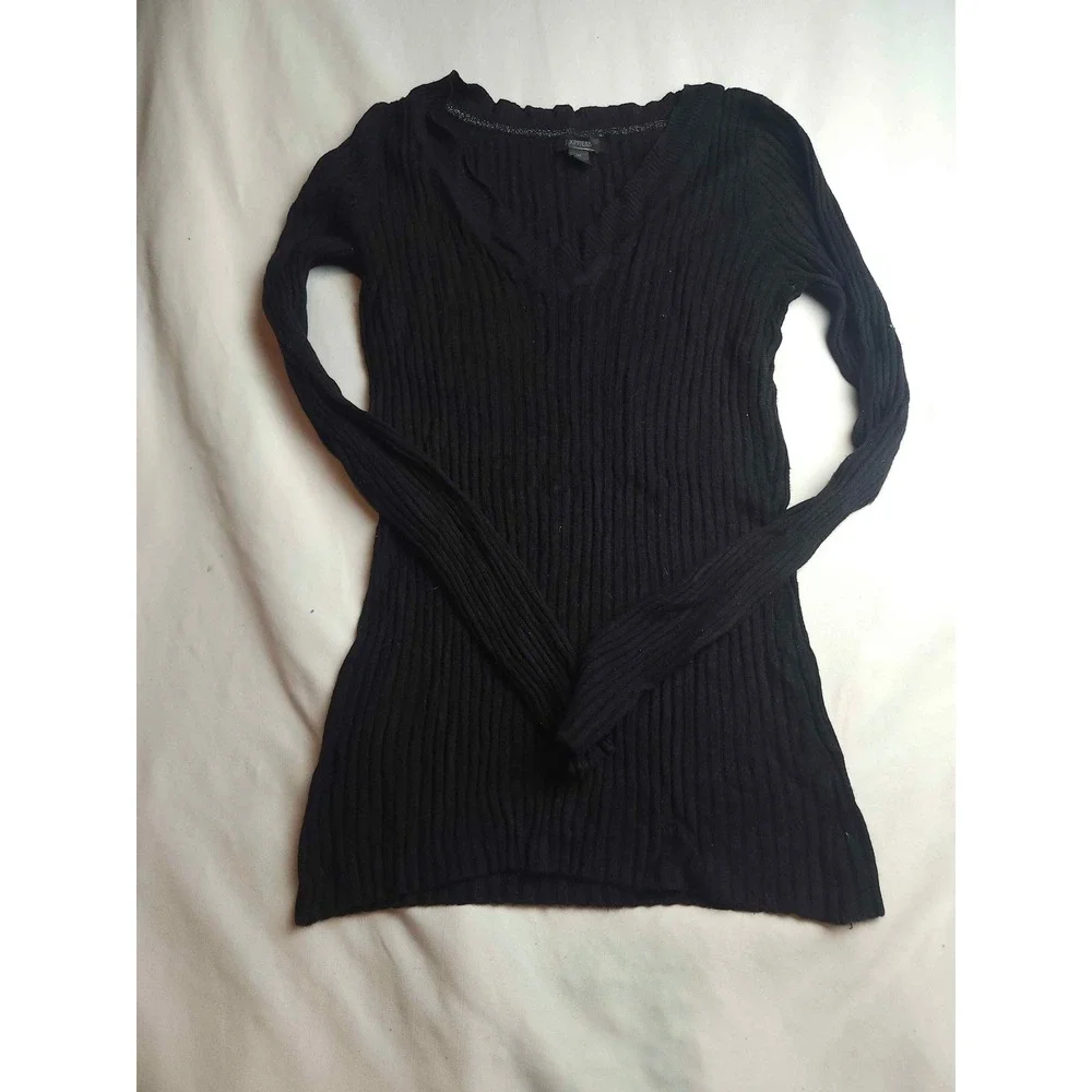 Express Womens Ribbed V-Neck Long Sleeve Sweater Black Size Medium